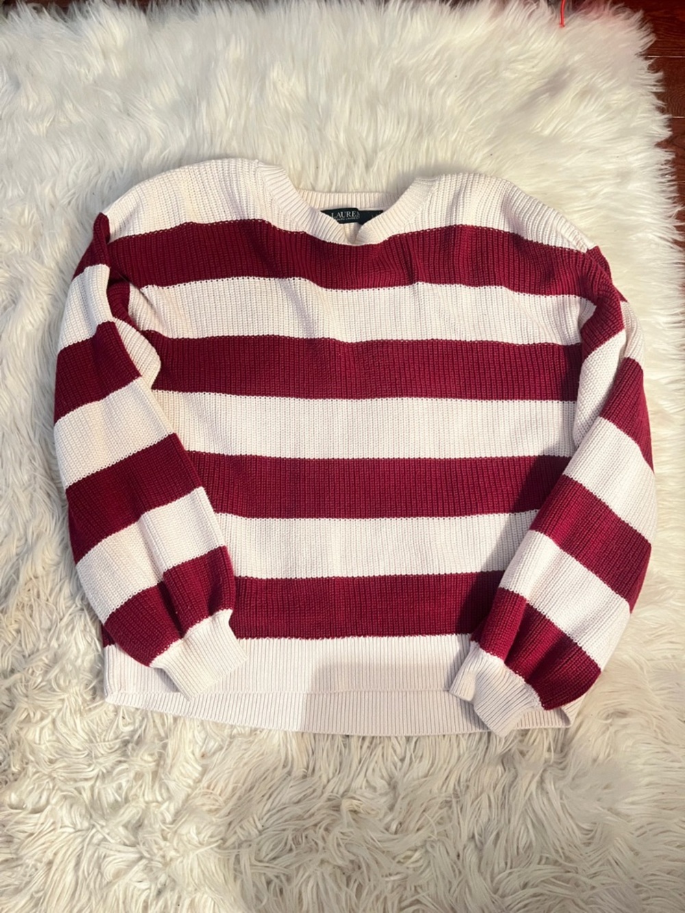 Ralph Lauren Burgundy and White Striped Crewneck Sweater